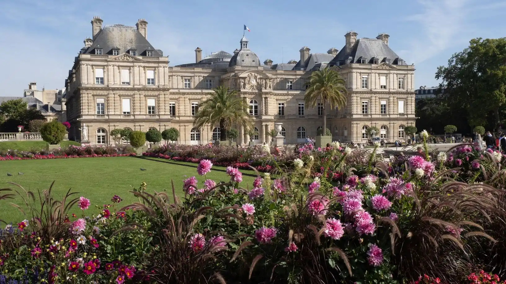 Luxembourg Palace behind flower beds in the Luxembourg Gardens